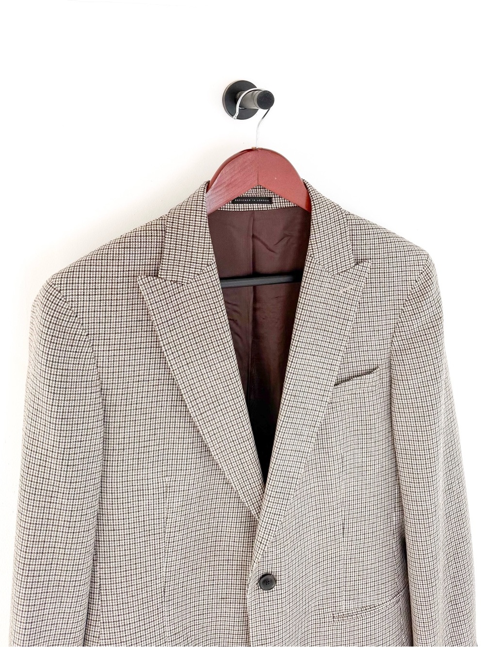 NEW Reiss Men's Plaid Cotton - Wool Houndstooth Blazer Beige Brown 38R Jacket - Picture 7 of 16